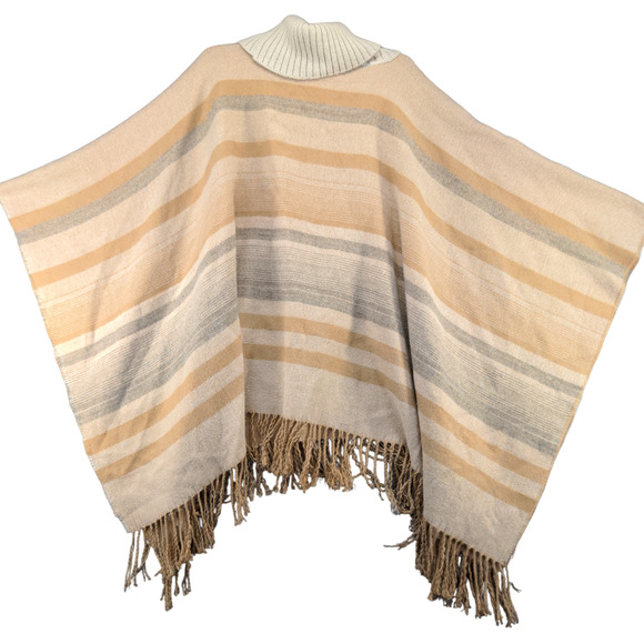 Vince Camuto Women's Turtleneck Poncho Sweater Tan One Size Striped Fringe - Picture 1 of 11